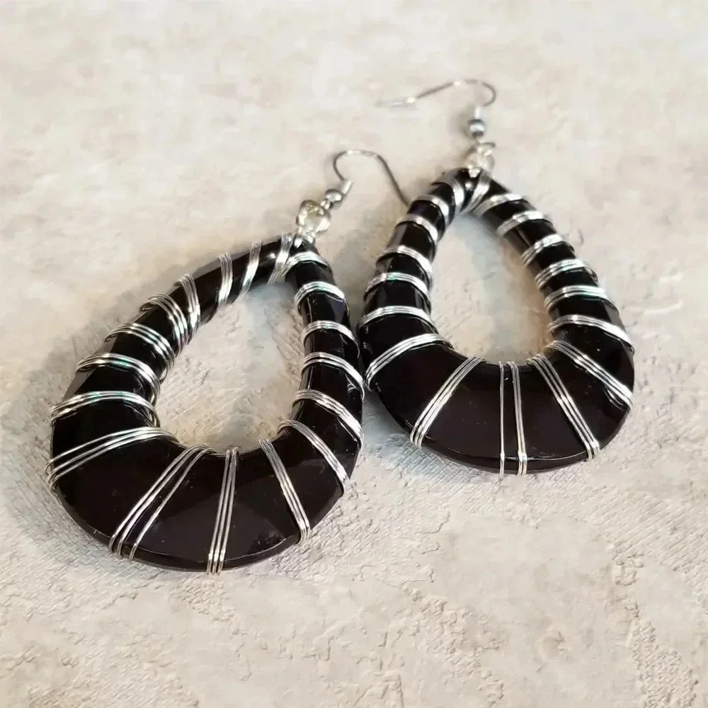 Retro 80s Statement Black Lucite Open Teardrop Wire Wrapped Earrings - Picture 1 of 5